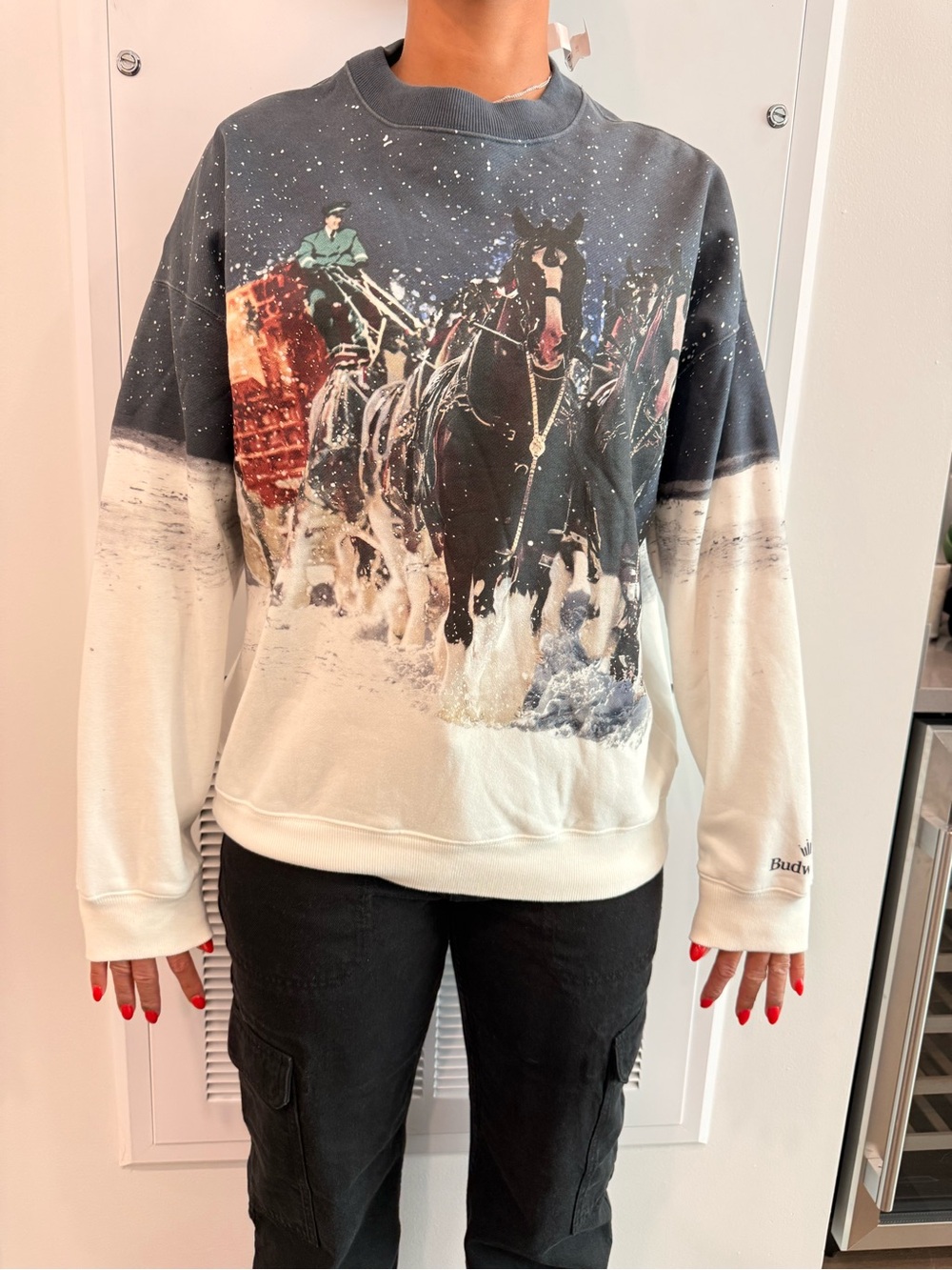 Budweiser Black & White Horse-Print Crewneck Sweatshirt